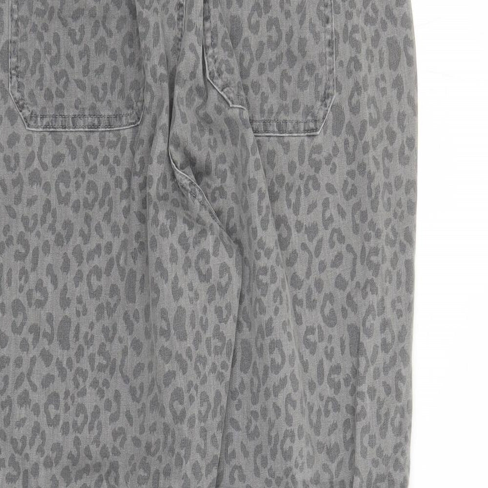 Marks and Spencer Womens Grey Animal Print Cotton Tapered Jeans Size 20 L27 in Regular Zip - Elasticated Waist Zip Detail On Ankle Leopard Pattern