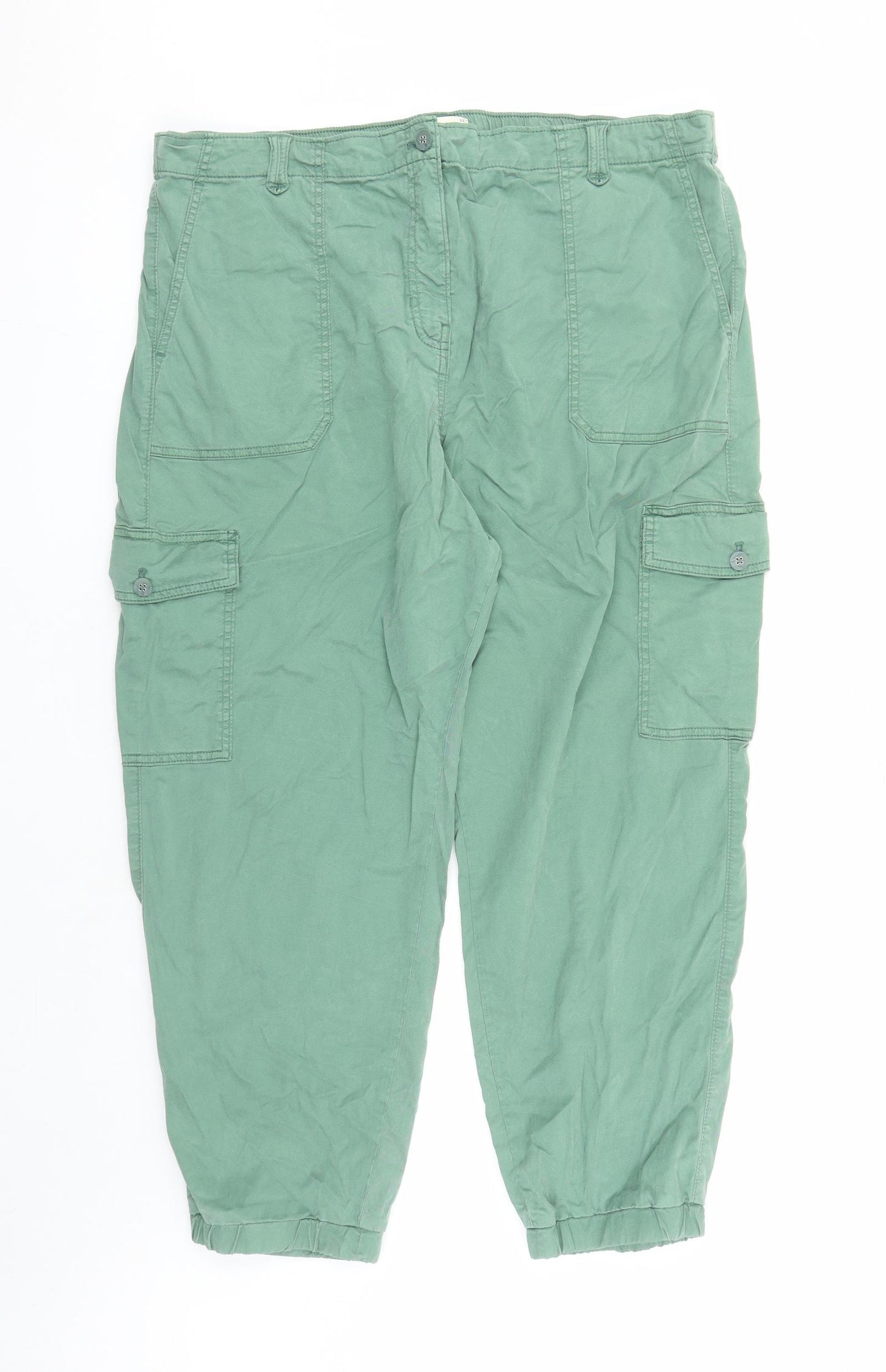 Marks and Spencer Womens Green Lyocell Cargo Trousers Size 22 L27 in Regular Zip - Elasticated Waist Pockets