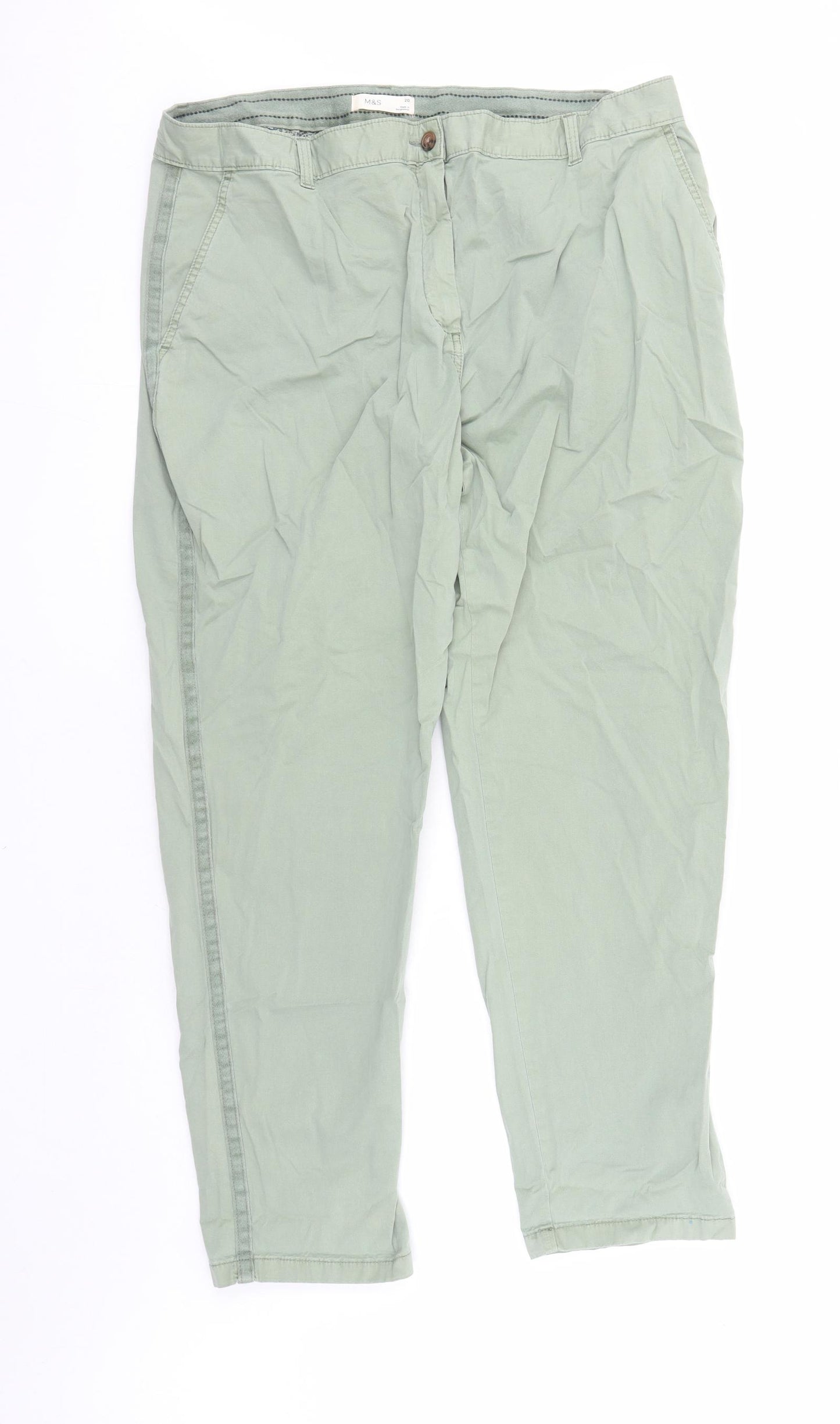 Marks and Spencer Womens Green Cotton Chino Trousers Size 20 L30 in Regular Zip - Pockets