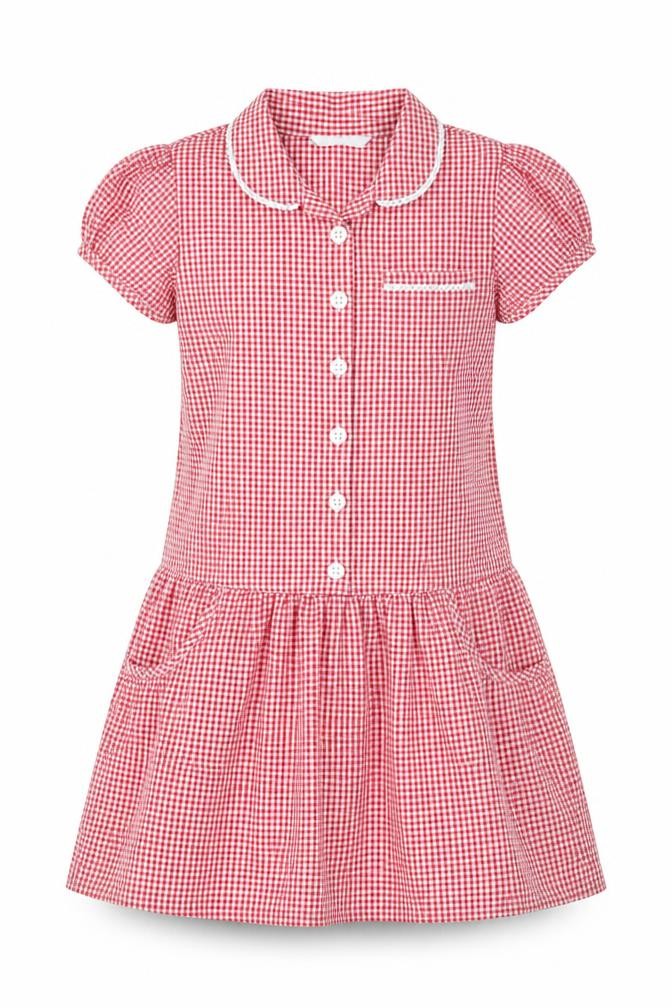 Marks and Spencer Girls Red Check Cotton A-Line Size 9-10 Years Collared Button