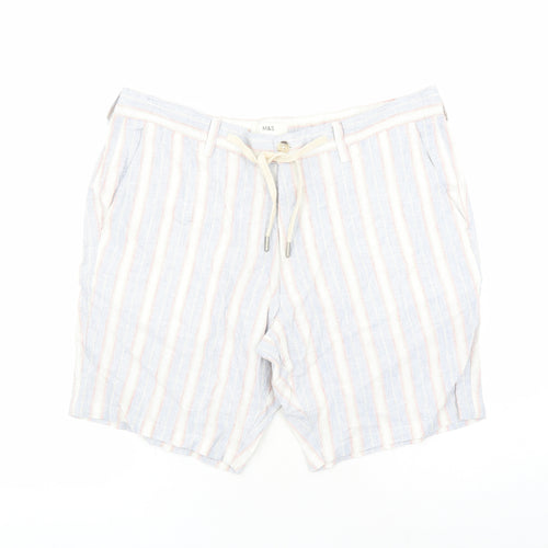Marks and Spencer Mens Blue Striped Linen Bermuda Shorts Size 40 in L9 in Regular Zip - Elasticated Waist Pockets