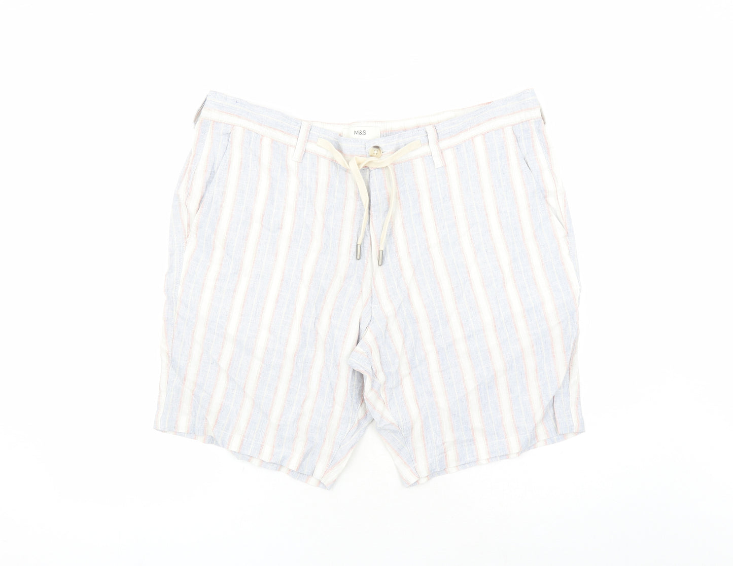 Marks and Spencer Mens Blue Striped Linen Bermuda Shorts Size 40 in L9 in Regular Zip - Elasticated Waist Pockets
