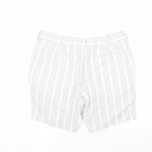 Marks and Spencer Mens Blue Striped Linen Bermuda Shorts Size 40 in L9 in Regular Zip - Elasticated Waist Pockets