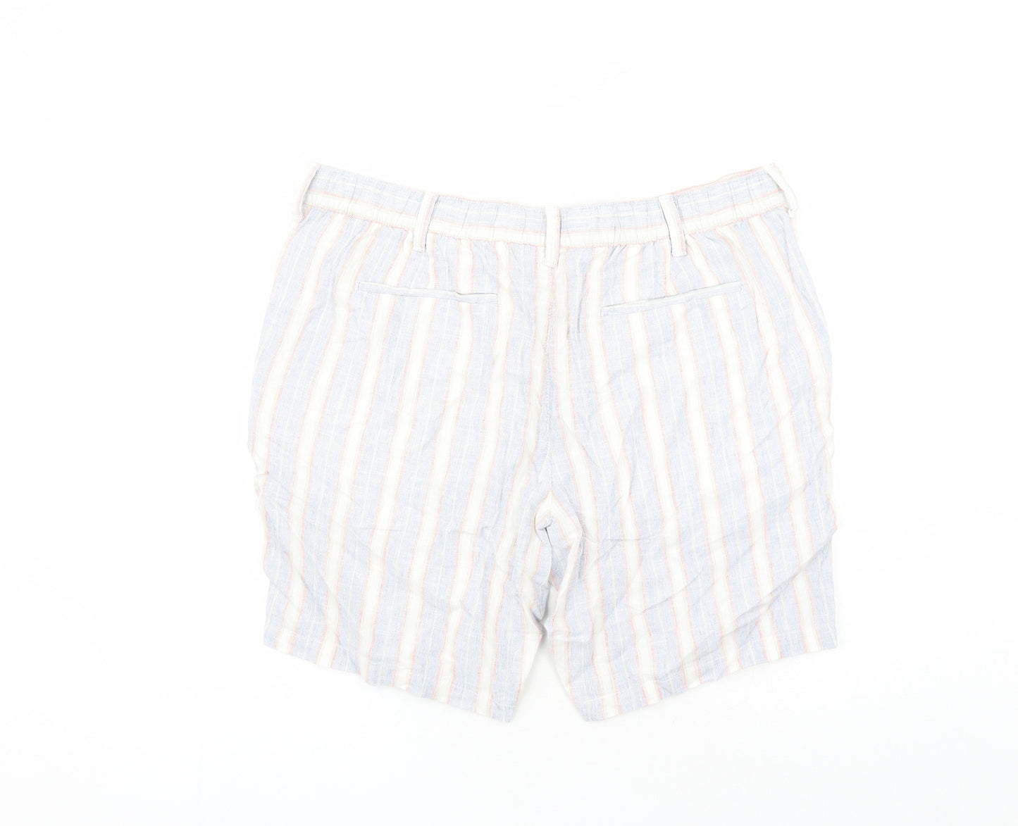 Marks and Spencer Mens Blue Striped Linen Bermuda Shorts Size 40 in L9 in Regular Zip - Elasticated Waist Pockets