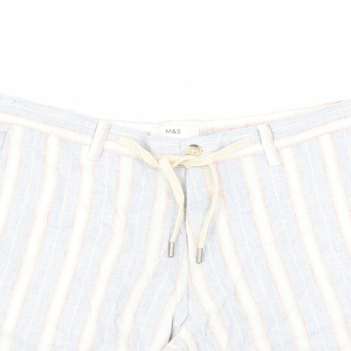 Marks and Spencer Mens Blue Striped Linen Bermuda Shorts Size 40 in L9 in Regular Zip - Elasticated Waist Pockets