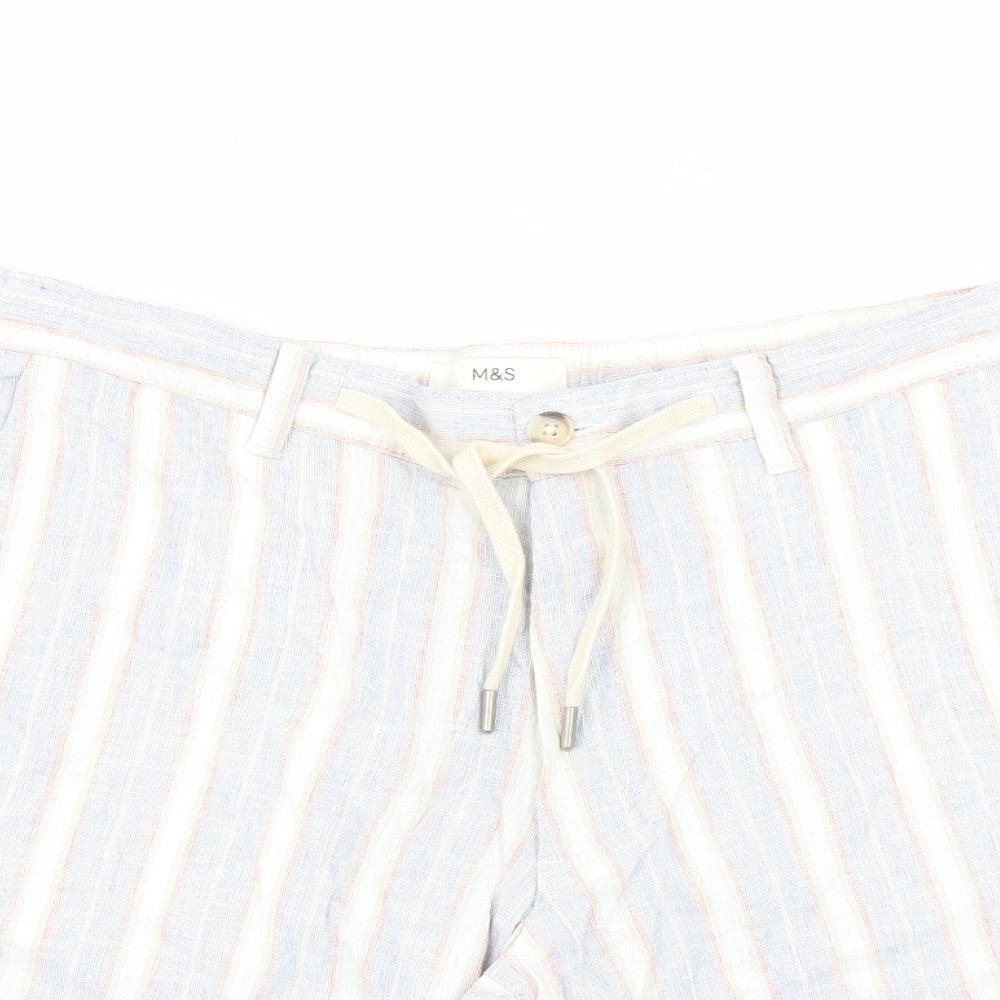 Marks and Spencer Mens Blue Striped Linen Bermuda Shorts Size 40 in L9 in Regular Zip - Elasticated Waist Pockets