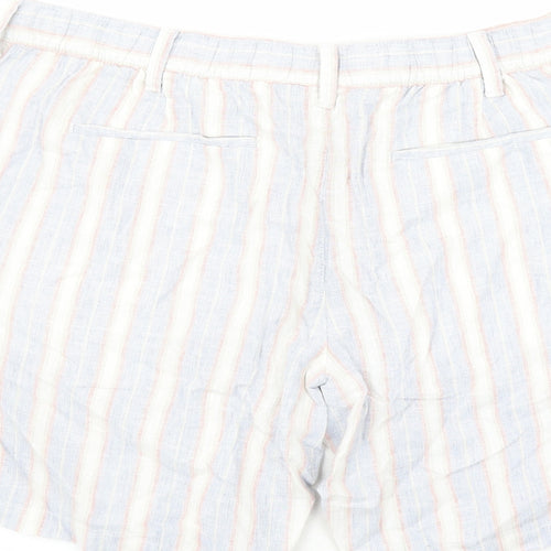 Marks and Spencer Mens Blue Striped Linen Bermuda Shorts Size 40 in L9 in Regular Zip - Elasticated Waist Pockets