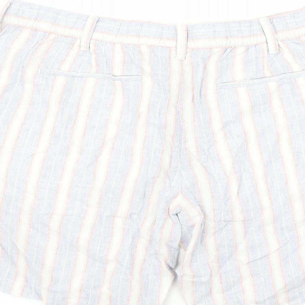 Marks and Spencer Mens Blue Striped Linen Bermuda Shorts Size 40 in L9 in Regular Zip - Elasticated Waist Pockets