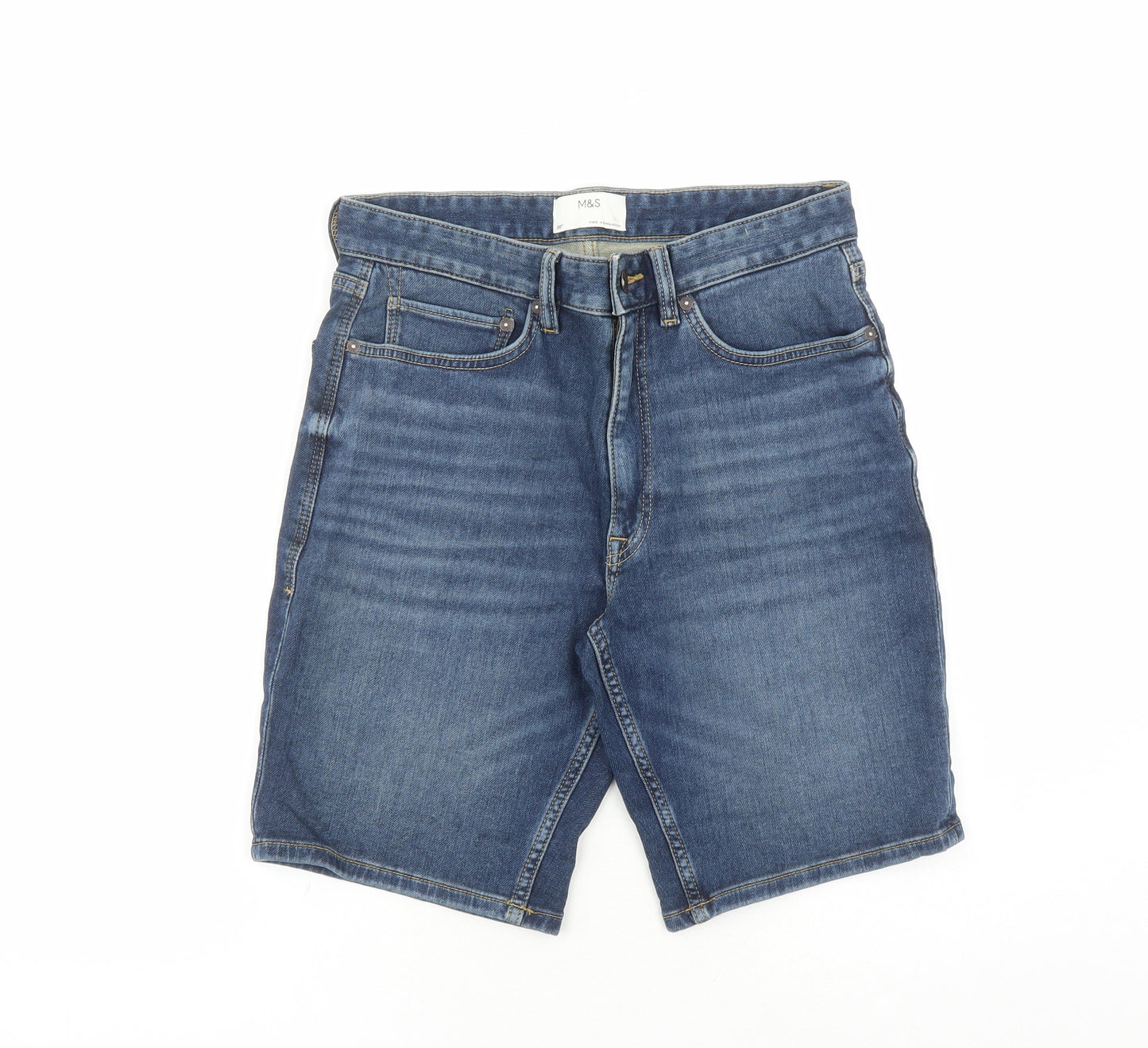 Marks and Spencer Mens Blue Cotton Biker Shorts Size 30 in L9 in Regular Zip - Pockets