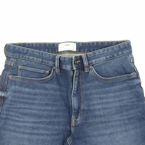 Marks and Spencer Mens Blue Cotton Biker Shorts Size 30 in L9 in Regular Zip - Pockets