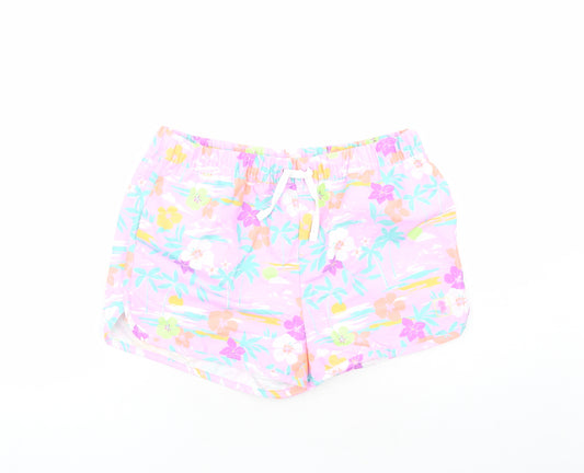 Marks and Spencer Boys Purple Floral Polyester Sweat Shorts Size 13-14 Years Regular Drawstring - Elasticated Waist Inside Leg 3 Inches