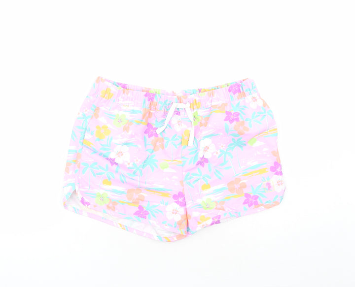 Marks and Spencer Boys Purple Floral Polyester Sweat Shorts Size 13-14 Years Regular Drawstring - Elasticated Waist Inside Leg 3 Inches