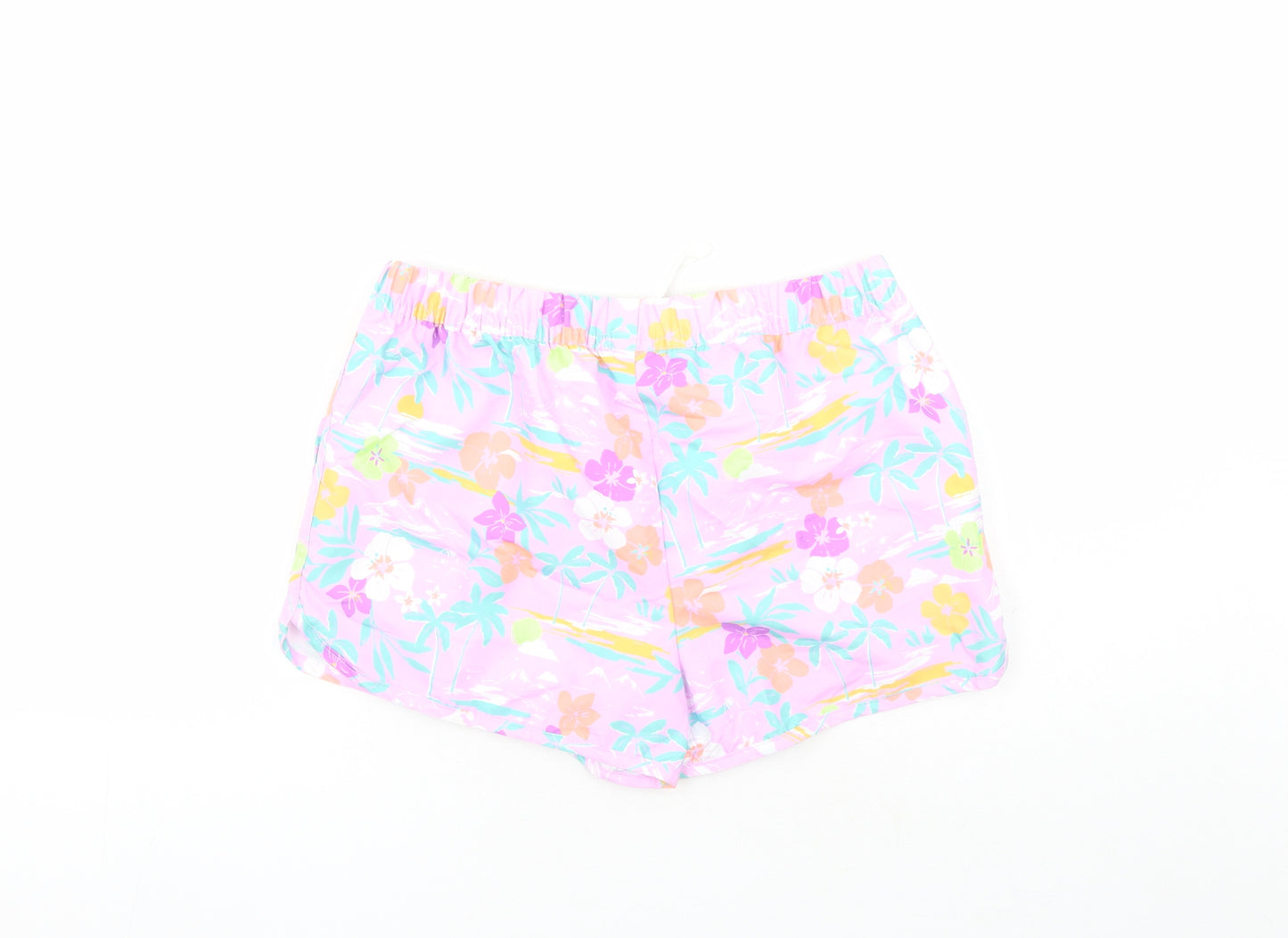Marks and Spencer Boys Purple Floral Polyester Sweat Shorts Size 13-14 Years Regular Drawstring - Elasticated Waist Inside Leg 3 Inches