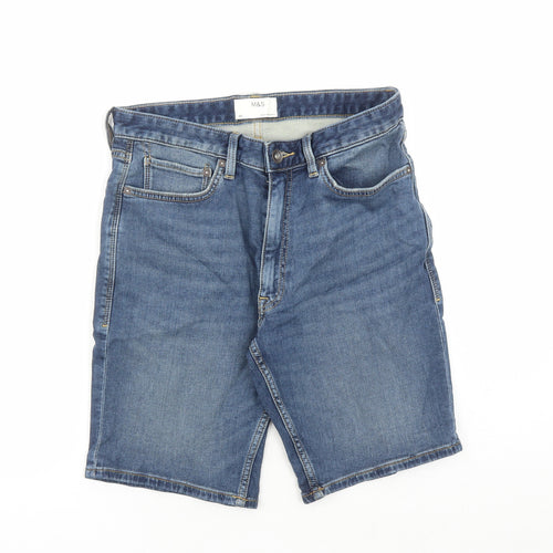 Marks and Spencer Mens Blue Cotton Biker Shorts Size 30 in L9 in Regular Zip - Pockets