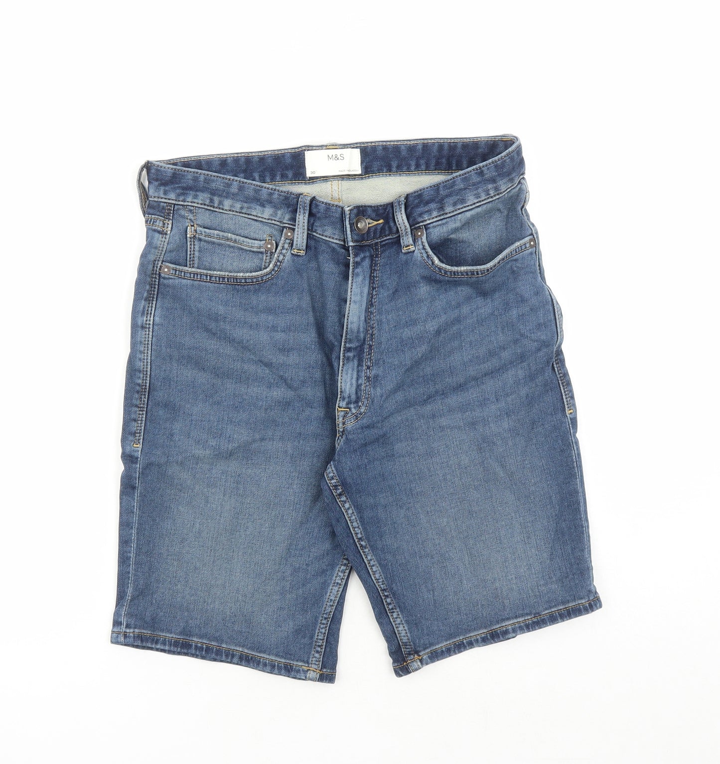 Marks and Spencer Mens Blue Cotton Biker Shorts Size 30 in L9 in Regular Zip - Pockets