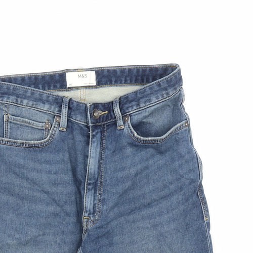 Marks and Spencer Mens Blue Cotton Biker Shorts Size 30 in L9 in Regular Zip - Pockets