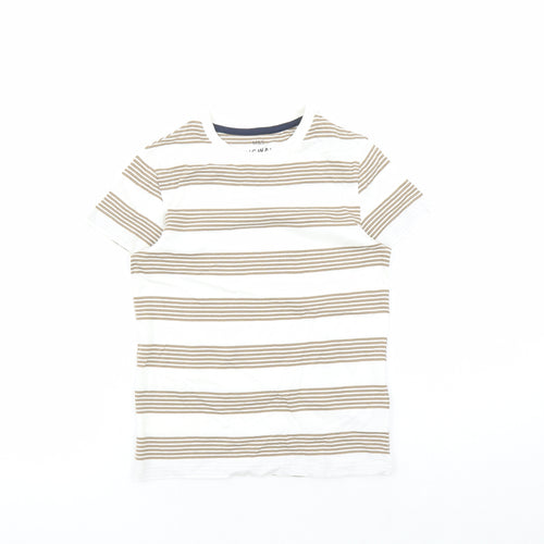 Marks and Spencer Boys White Striped Cotton Basic T-Shirt Size 6-7 Years Crew Neck Pullover