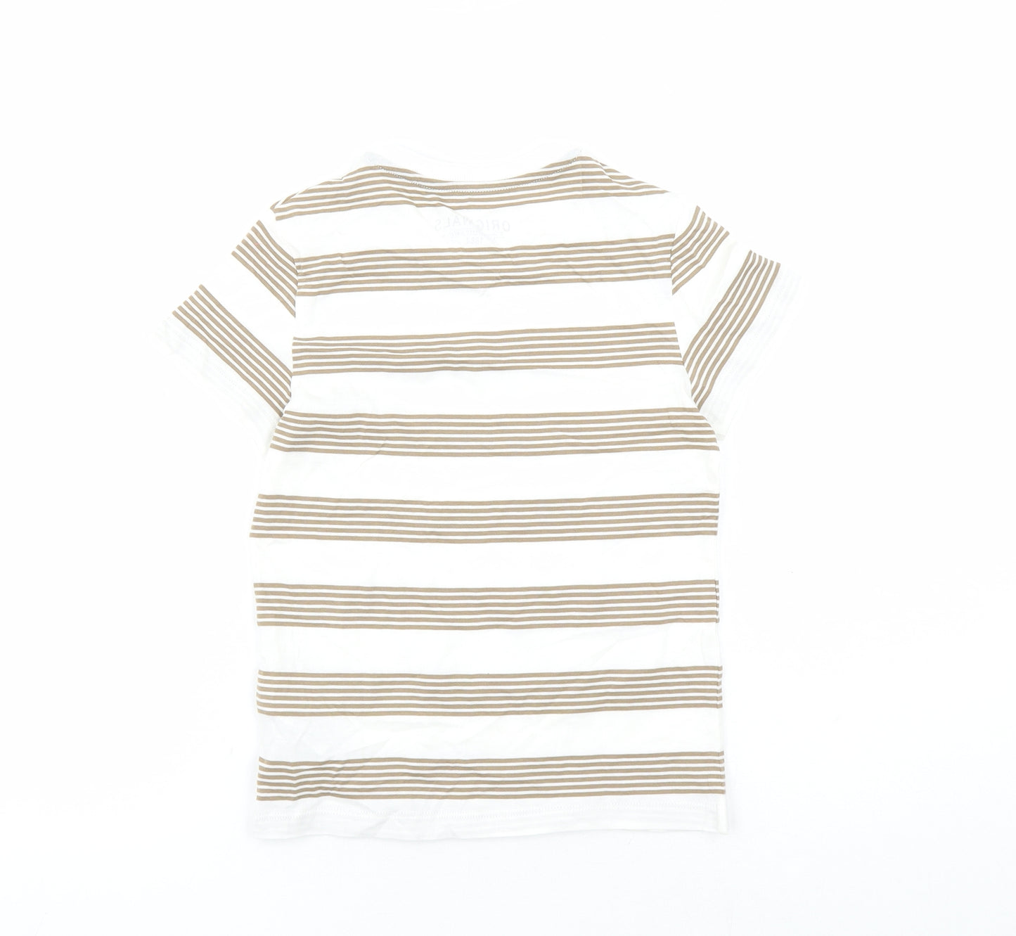 Marks and Spencer Boys White Striped Cotton Basic T-Shirt Size 6-7 Years Crew Neck Pullover