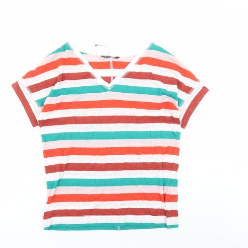 Marks and Spencer Womens Multicoloured Striped Flax Basic T-Shirt Size 8 V-Neck
