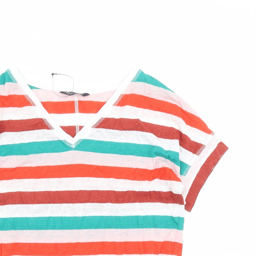 Marks and Spencer Womens Multicoloured Striped Flax Basic T-Shirt Size 8 V-Neck