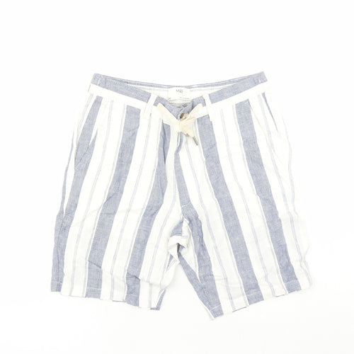 marks and Mens White Striped Linen Bermuda Shorts Size 32 in L9 in Regular Zip - Elasticated Waist Pockets
