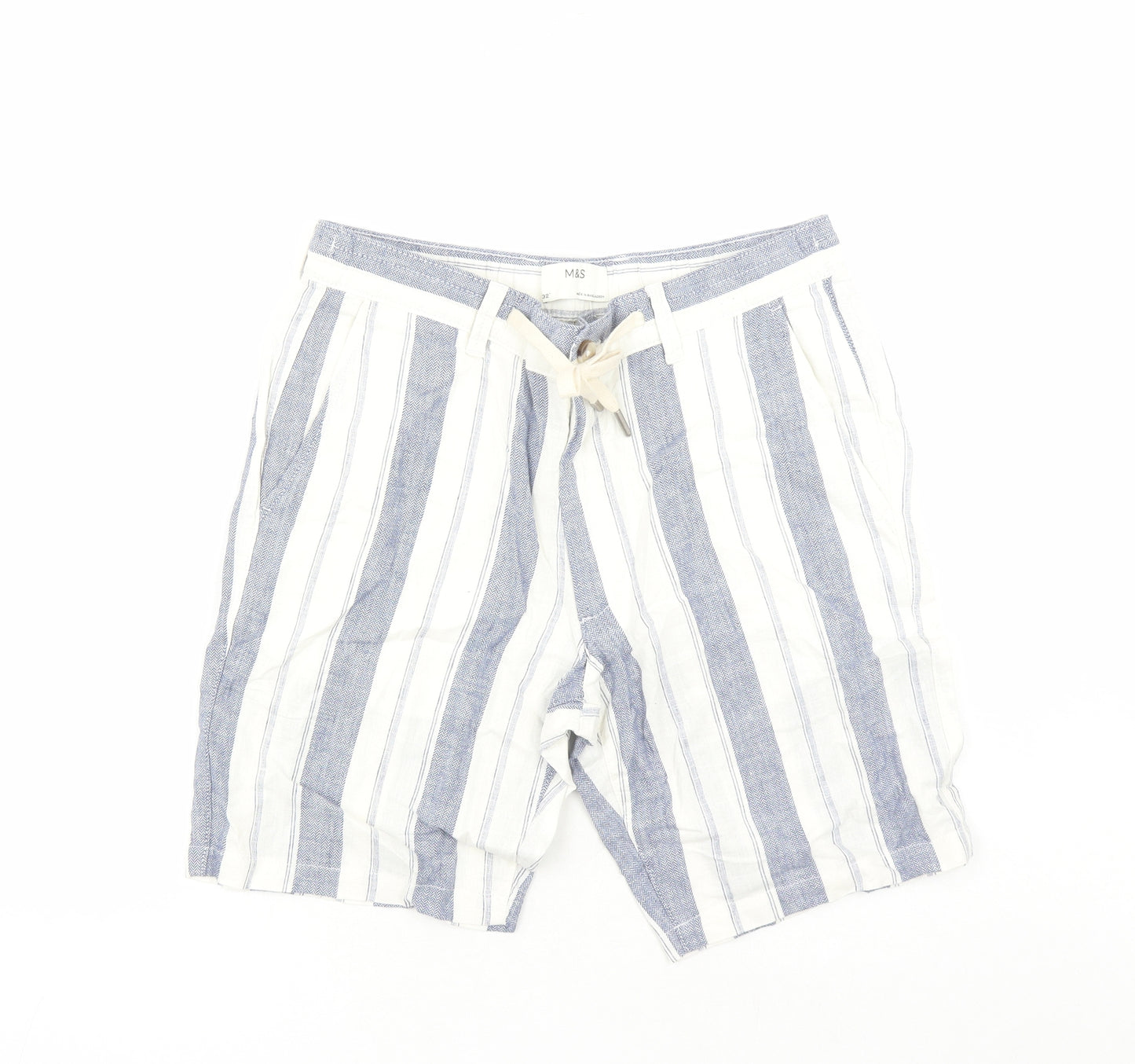 marks and Mens White Striped Linen Bermuda Shorts Size 32 in L9 in Regular Zip - Elasticated Waist Pockets
