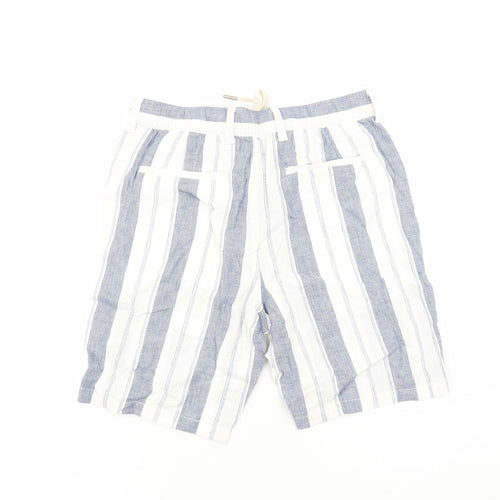 marks and Mens White Striped Linen Bermuda Shorts Size 32 in L9 in Regular Zip - Elasticated Waist Pockets