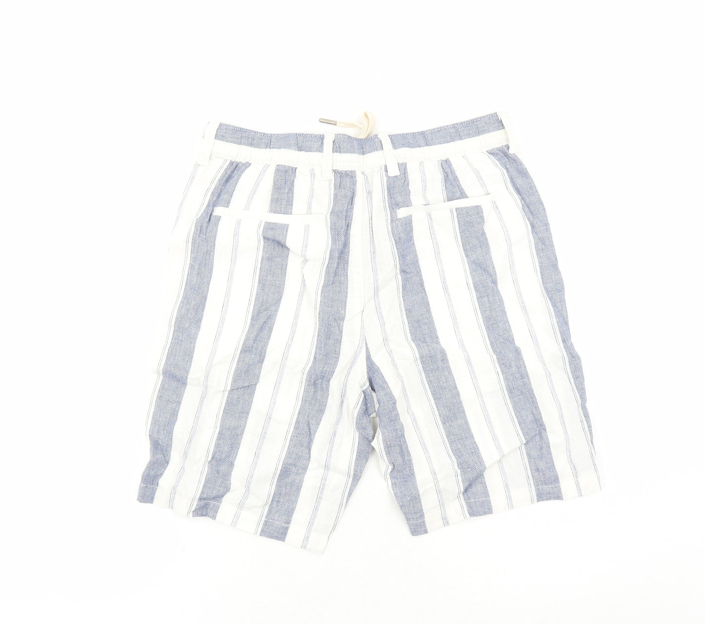 marks and Mens White Striped Linen Bermuda Shorts Size 32 in L9 in Regular Zip - Elasticated Waist Pockets
