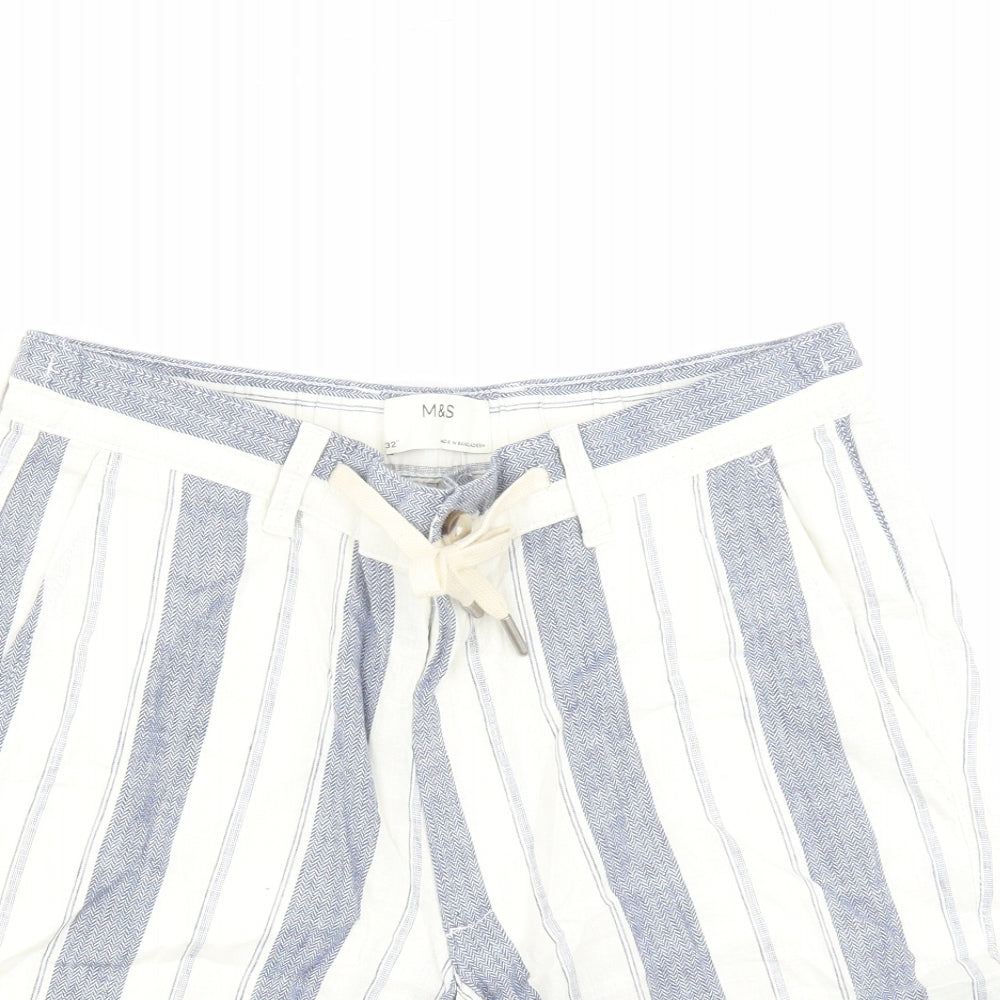 marks and Mens White Striped Linen Bermuda Shorts Size 32 in L9 in Regular Zip - Elasticated Waist Pockets
