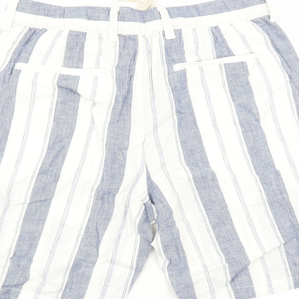 marks and Mens White Striped Linen Bermuda Shorts Size 32 in L9 in Regular Zip - Elasticated Waist Pockets