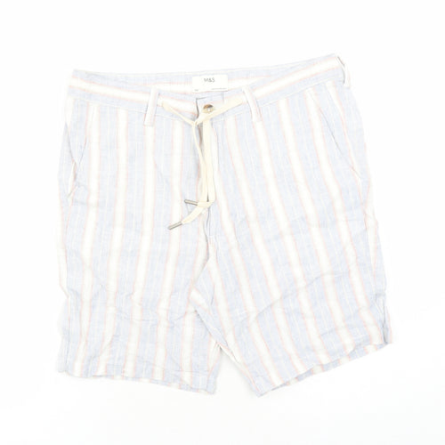 Marks and Spencer Mens Blue Striped Linen Bermuda Shorts Size 34 in L9 in Regular Zip - Elasticated Waist Pockets