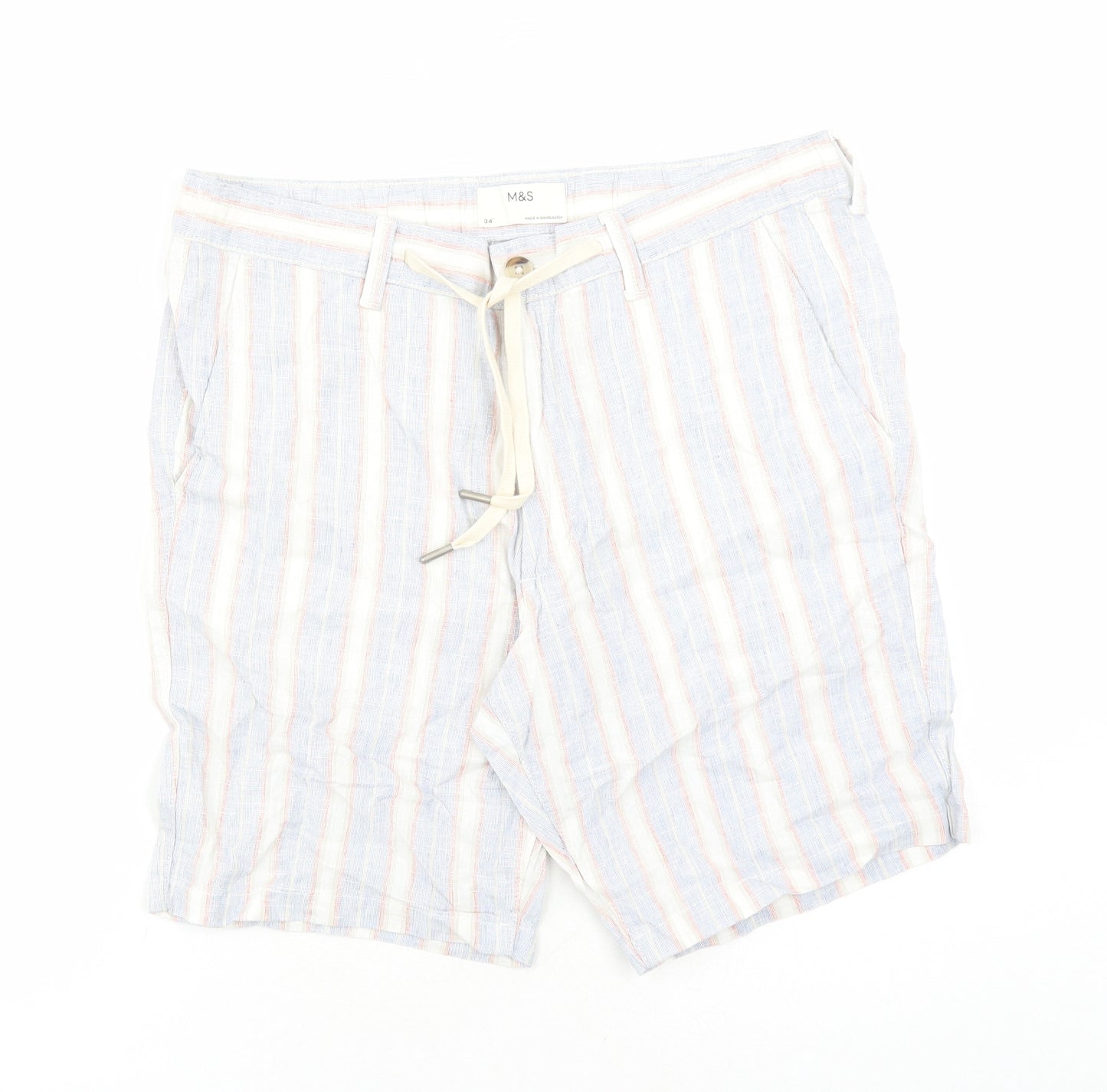 Marks and Spencer Mens Blue Striped Linen Bermuda Shorts Size 34 in L9 in Regular Zip - Elasticated Waist Pockets