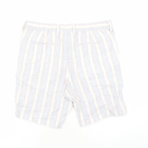 Marks and Spencer Mens Blue Striped Linen Bermuda Shorts Size 34 in L9 in Regular Zip - Elasticated Waist Pockets