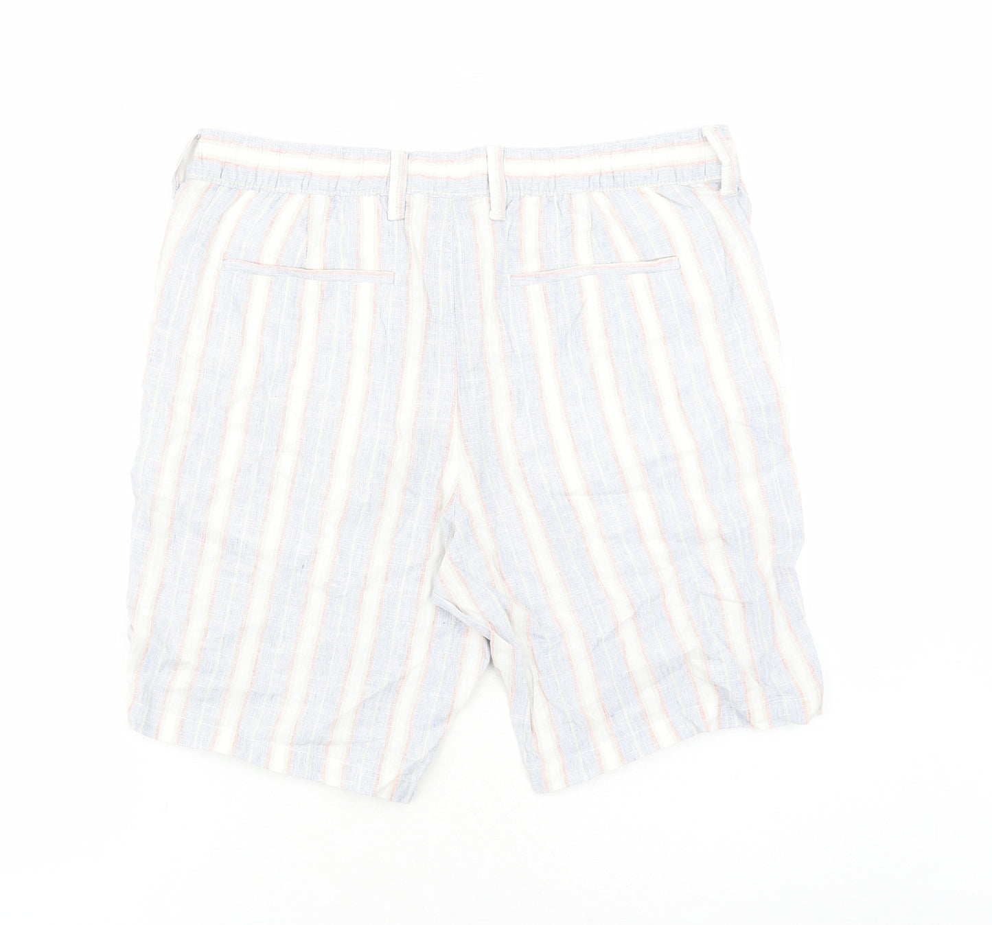 Marks and Spencer Mens Blue Striped Linen Bermuda Shorts Size 34 in L9 in Regular Zip - Elasticated Waist Pockets