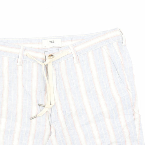 Marks and Spencer Mens Blue Striped Linen Bermuda Shorts Size 34 in L9 in Regular Zip - Elasticated Waist Pockets