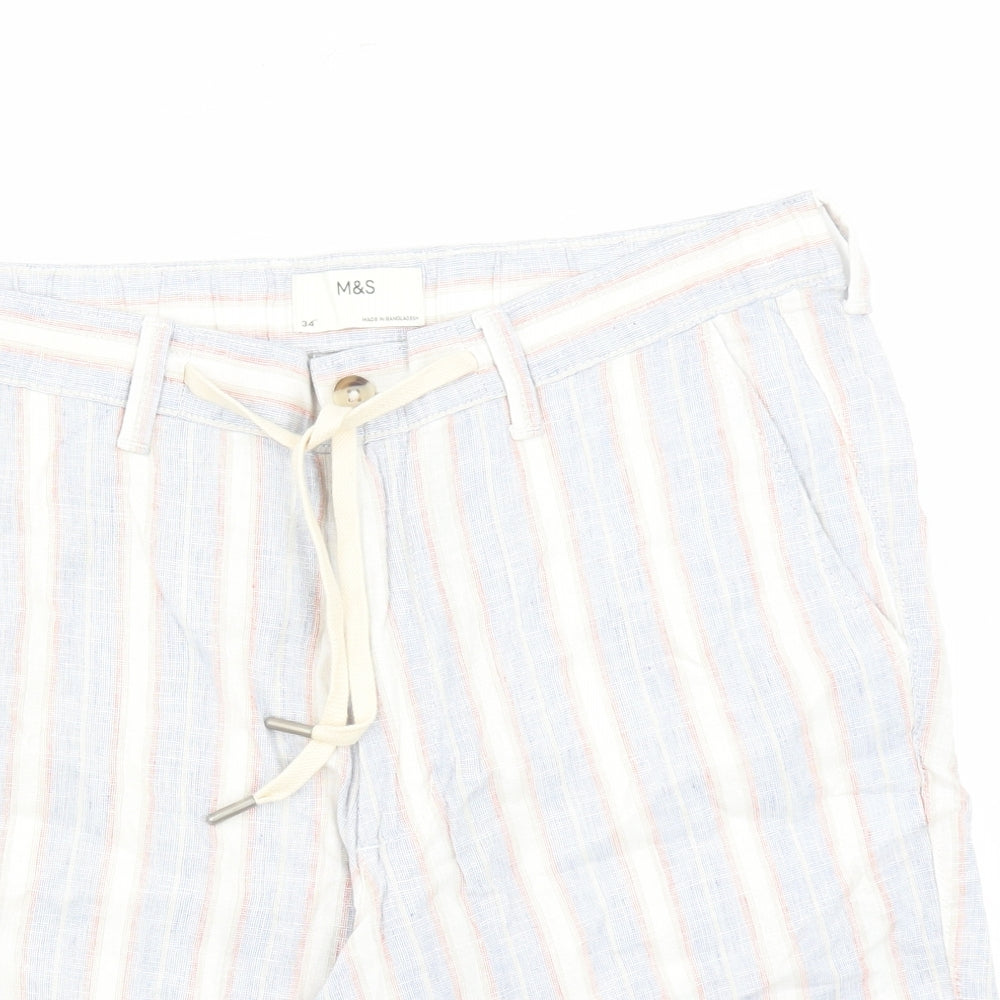Marks and Spencer Mens Blue Striped Linen Bermuda Shorts Size 34 in L9 in Regular Zip - Elasticated Waist Pockets