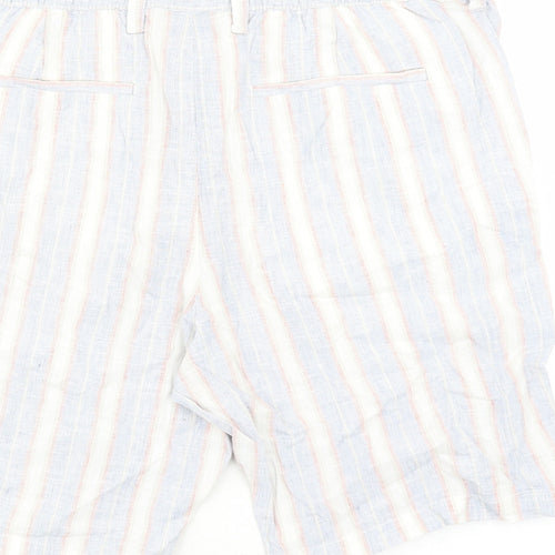 Marks and Spencer Mens Blue Striped Linen Bermuda Shorts Size 34 in L9 in Regular Zip - Elasticated Waist Pockets