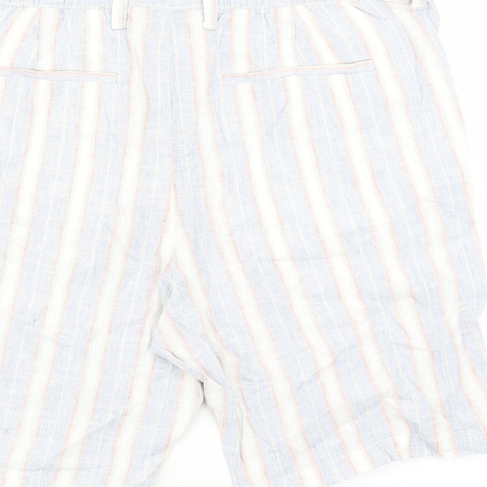 Marks and Spencer Mens Blue Striped Linen Bermuda Shorts Size 34 in L9 in Regular Zip - Elasticated Waist Pockets