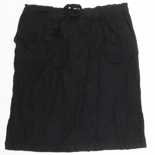 Marks and Spencer Womens Black Flax A-Line Skirt Size 24 Drawstring - Elasticated Waist Pockets Side Spilt Detail