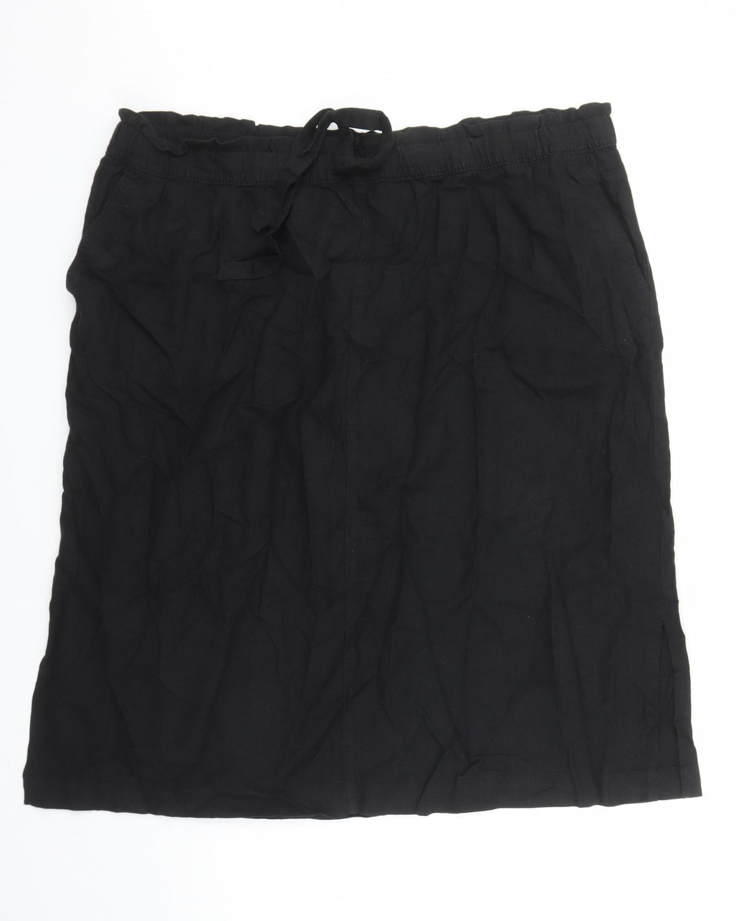 Marks and Spencer Womens Black Flax A-Line Skirt Size 24 Drawstring - Elasticated Waist Pockets Side Spilt Detail