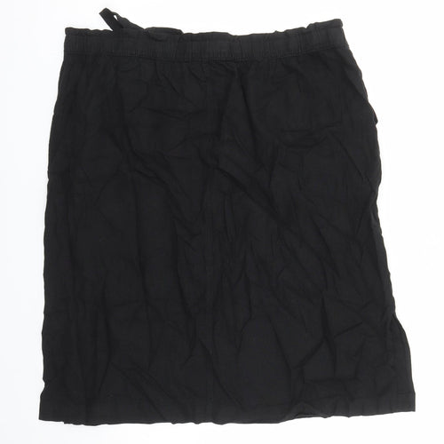 Marks and Spencer Womens Black Flax A-Line Skirt Size 24 Drawstring - Elasticated Waist Pockets Side Spilt Detail