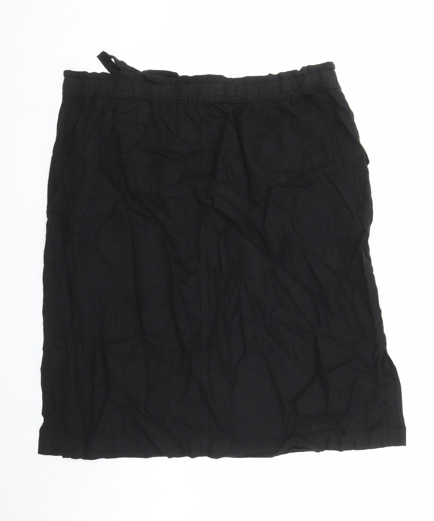 Marks and Spencer Womens Black Flax A-Line Skirt Size 24 Drawstring - Elasticated Waist Pockets Side Spilt Detail