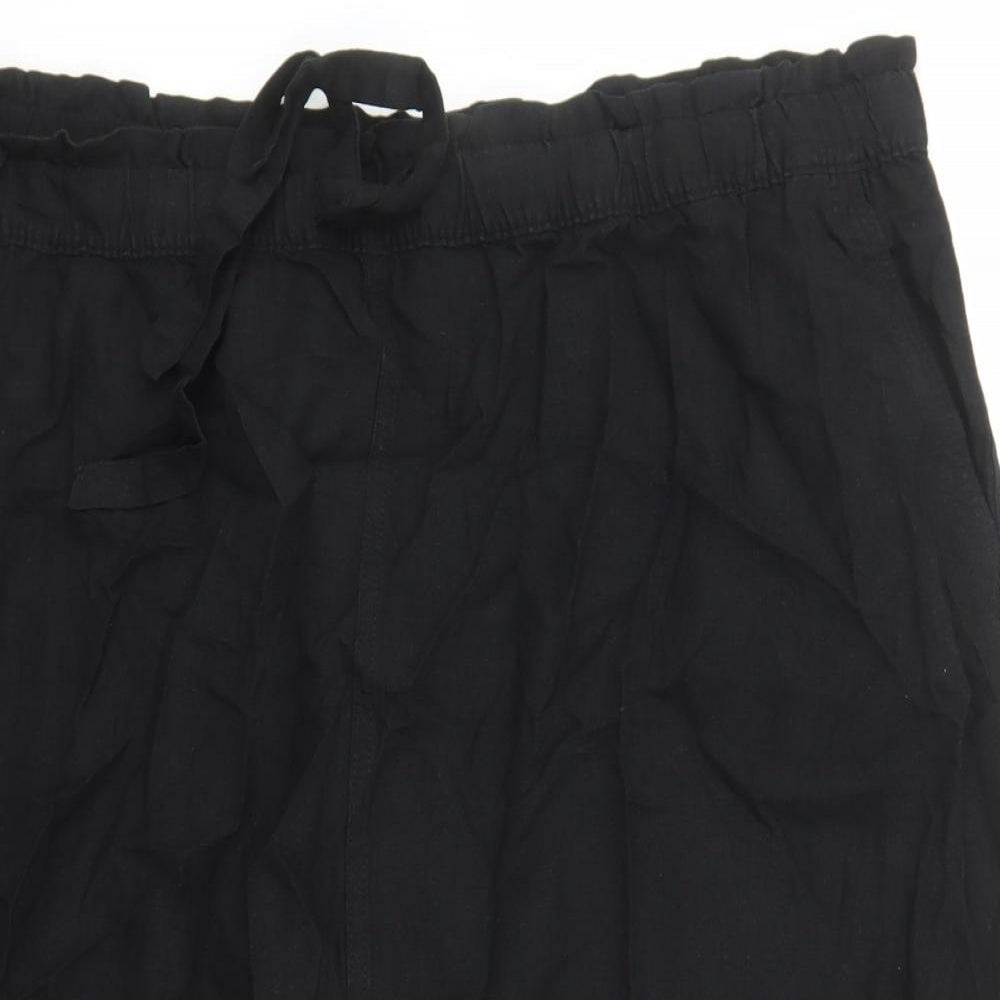 Marks and Spencer Womens Black Flax A-Line Skirt Size 24 Drawstring - Elasticated Waist Pockets Side Spilt Detail