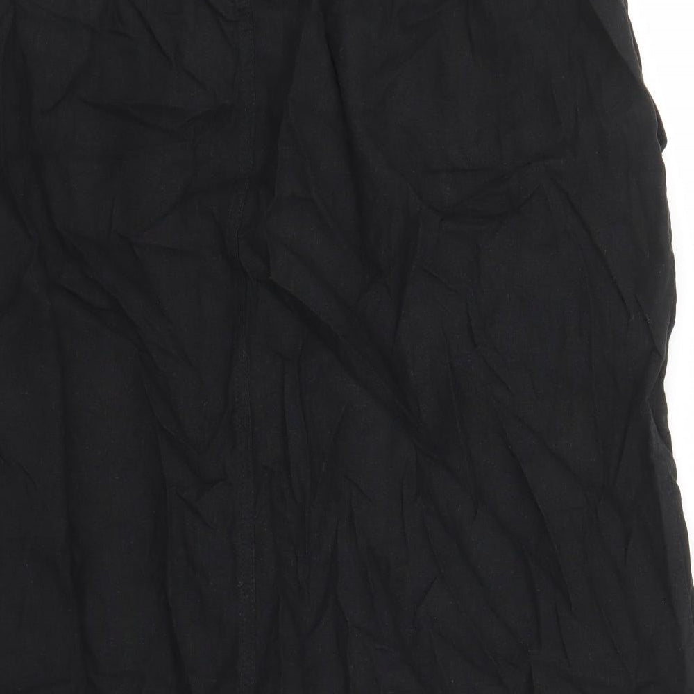 Marks and Spencer Womens Black Flax A-Line Skirt Size 24 Drawstring - Elasticated Waist Pockets Side Spilt Detail