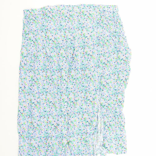 Marks and Spencer Womens Blue Floral Viscose A-Line Skirt Size 22 - Elasticated Waist Side Split Detail