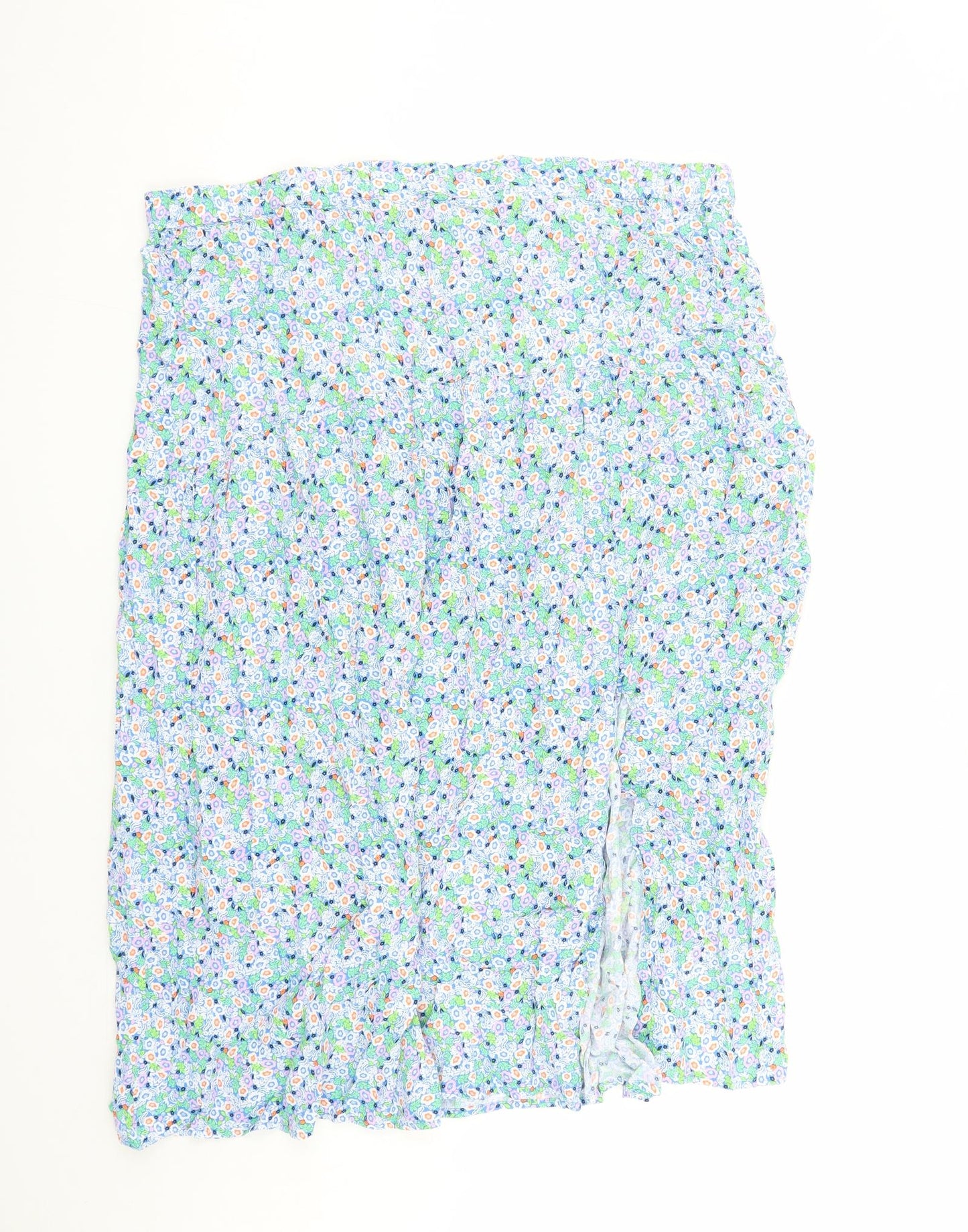 Marks and Spencer Womens Blue Floral Viscose A-Line Skirt Size 22 - Elasticated Waist Side Split Detail