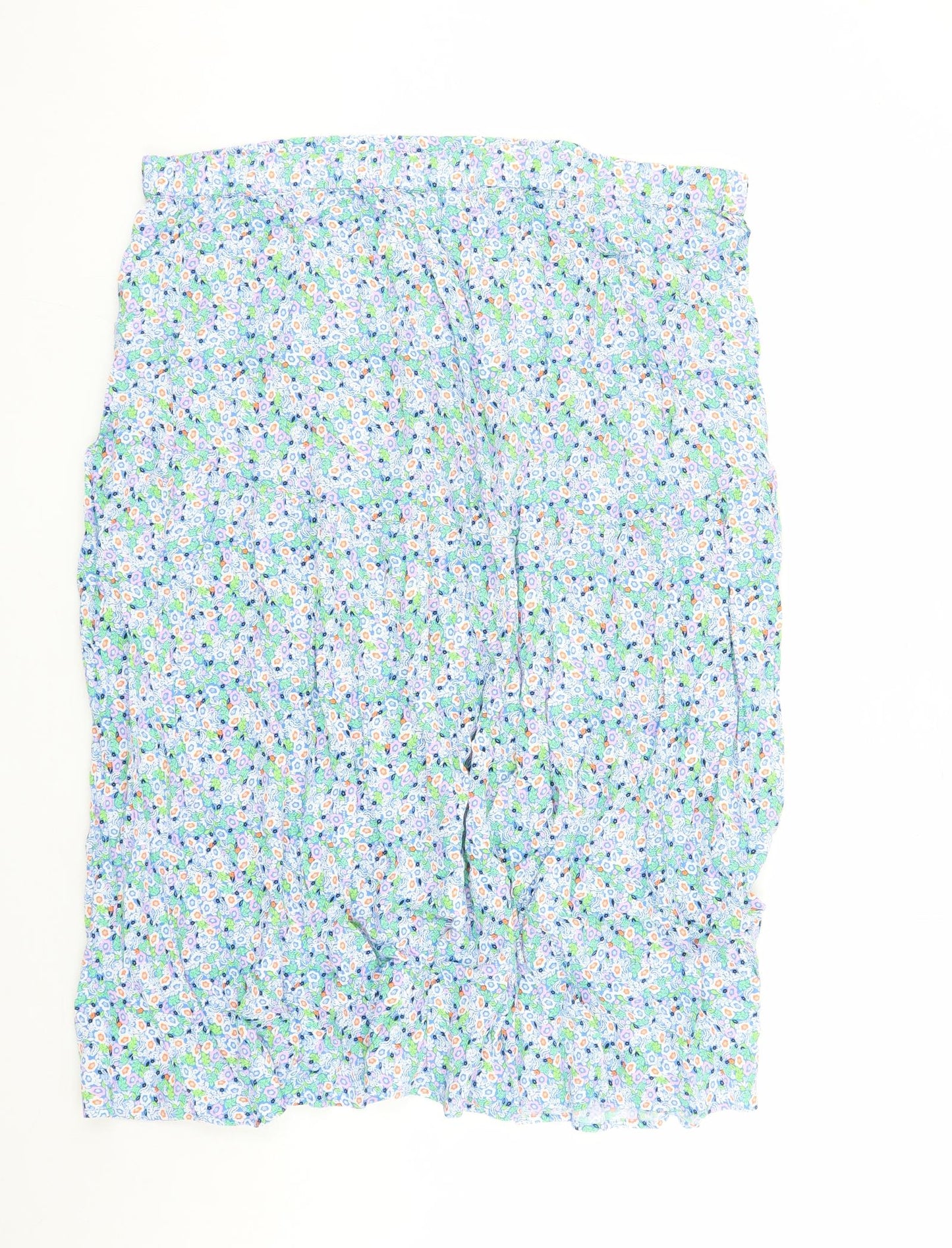 Marks and Spencer Womens Blue Floral Viscose A-Line Skirt Size 22 - Elasticated Waist Side Split Detail