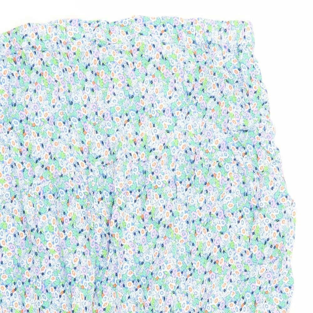 Marks and Spencer Womens Blue Floral Viscose A-Line Skirt Size 22 - Elasticated Waist Side Split Detail