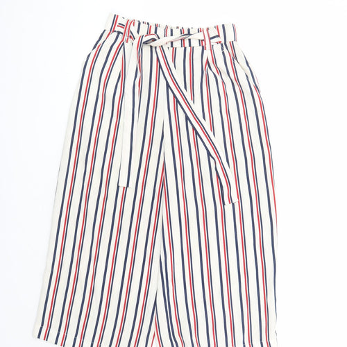 Zara Womens Ivory Striped Polyester Cropped Trousers Size S L22 in Regular - Elasticated Waist Pockets