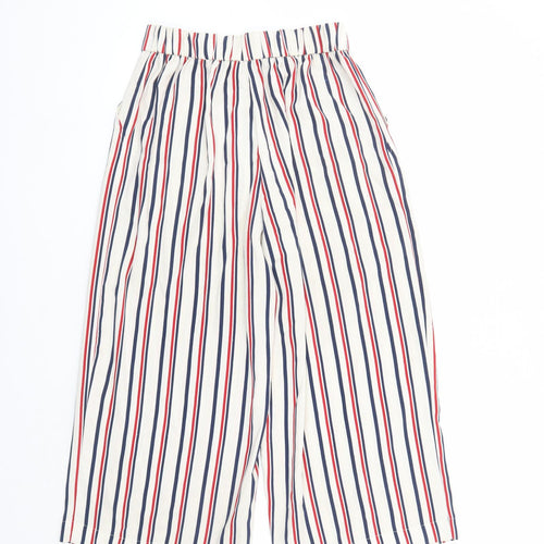 Zara Womens Ivory Striped Polyester Cropped Trousers Size S L22 in Regular - Elasticated Waist Pockets